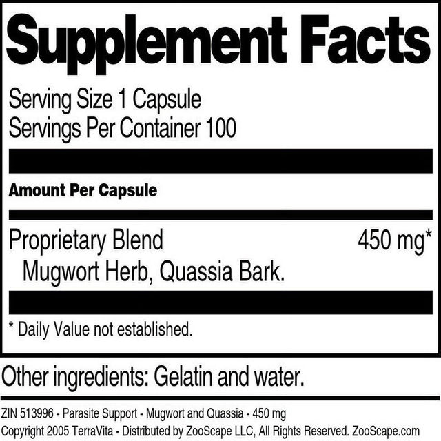 Terravita Parasite Support - Mugwort and Quassia - 450 Mg, (100 Capsules, 1-Pack, Zin: 513996)