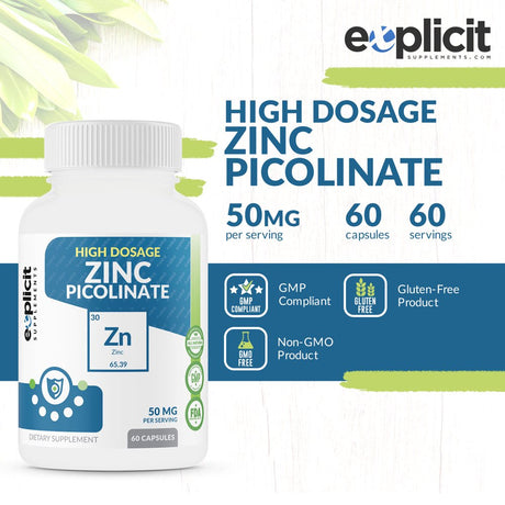 All Natural Zinc Supplement 50Mg High Dose - Zinc Picolinate (50Mg) for Immune Support - Zinc Pills - 2 Month Supply