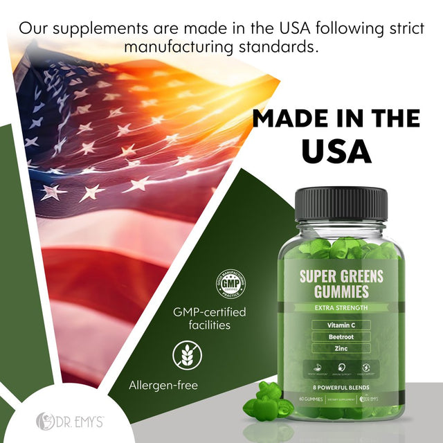 Dr. Emy'S Super Greens Gummies 8 Powerful Blends Support Healthy Digestion & Immune Support Gummy Supplement Super Food for Kids & Adults Vegan Natural Rasberry Flavor Daily Vitamin 60 Ct Each