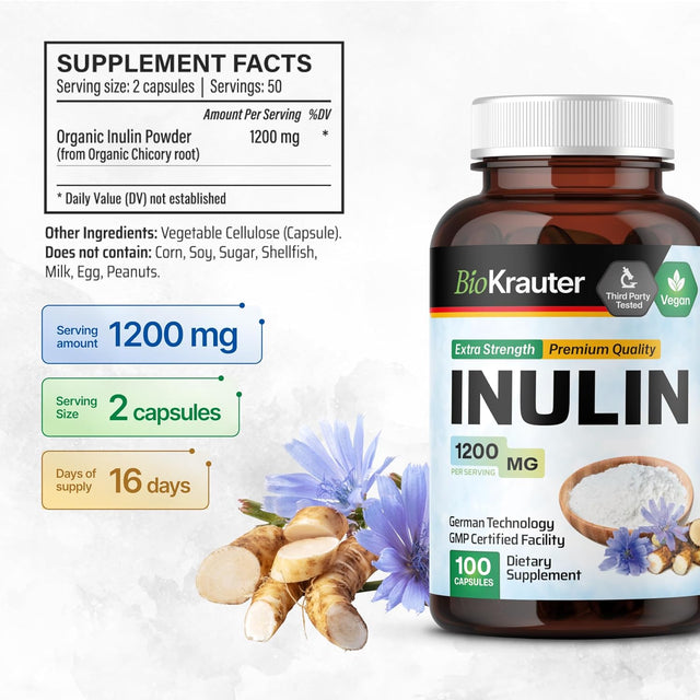 Inulin Powder Capsules - Organic Fiber Supplement - 1200Mg Chicory Root Fiber Pills for Digestive Support - Pure Soluble Fiber Supplements - 100 Vegan Tablets