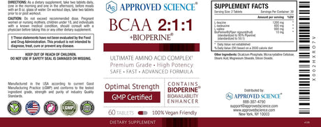 Approved Science BCAA Supplement - 180 Tablets - 2400Mg - Increase Performance and Enhance Muscle Development - L-Leucine, L-Isoleucine, L-Valine - Made in USA, Non-Gmo