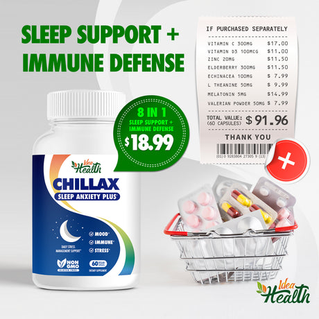 Chillax Stress Anxiety Mood | Sleep Aid + Immune Defense, 8 In1 Formula, W/ Melatonin, L-Theanine, Zinc, Vitamin D3, Elderberry - 60 Vegan Capsules