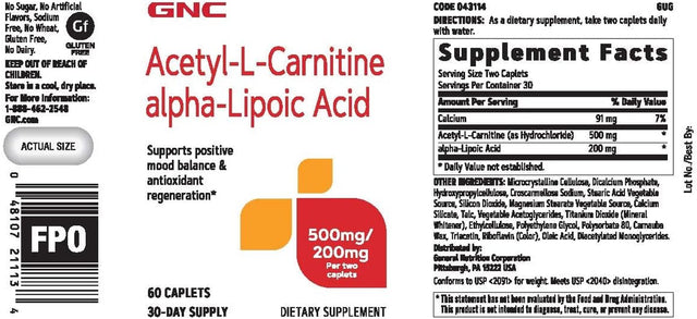 GNC Acetyl-L-Carnitine Alpha-Lipoic Acid 500Mg / 200Mg - 60 Caplets