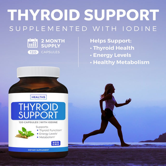 Healths Harmony Thyroid Support with Iodine - 120 Capsules (Non-Gmo)- Ashwagandha Root, Zinc, Selenium, Vitamin B12 Complex - Thyroid Health Supplement - 60 Day Supply