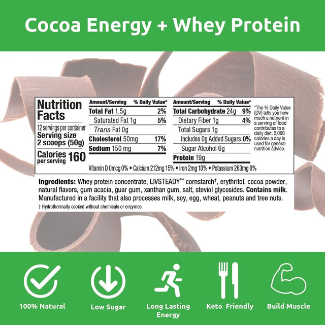 UCAN Energy + Whey Protein Powder - 19G per Serving with Amino Acids Eaas & Bccas - Keto Protein Powder - No Added Sugar, Gluten-Free - Cocoa - 12 Servings