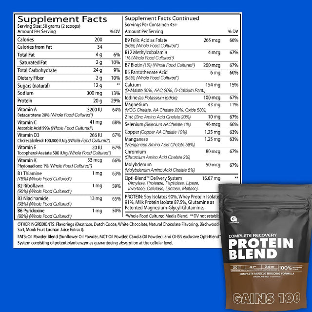 Gains 100 Pre-Digested Protein Recovery Formula, Whey Protein, Chocolate Malt, Balanced Macronutrient Formula with 100% RDA Vitamins & Minerals from Whole Foods 4.96 Lbs