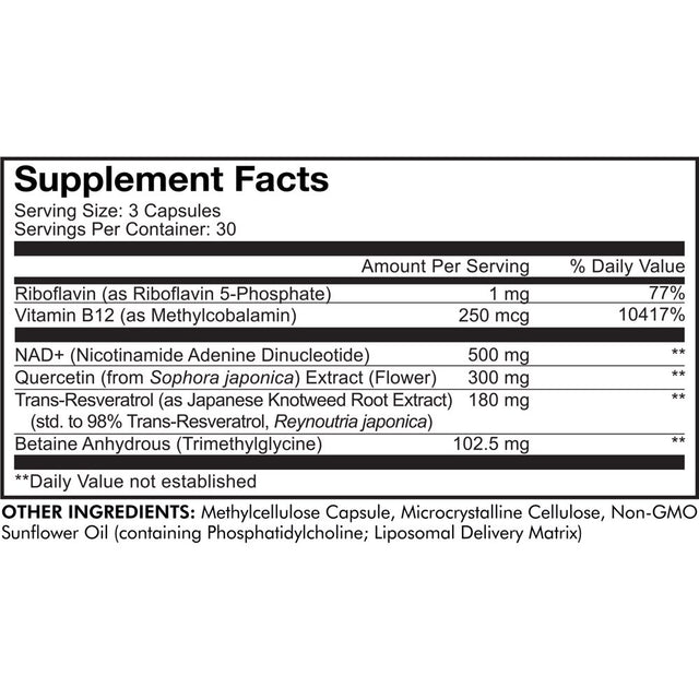 Codeage Liposomal NAD+ Ultra, Trans-Resveratrol, Quercetin, Betaine, Riboflavin, Vitamin B12, 90 Ct