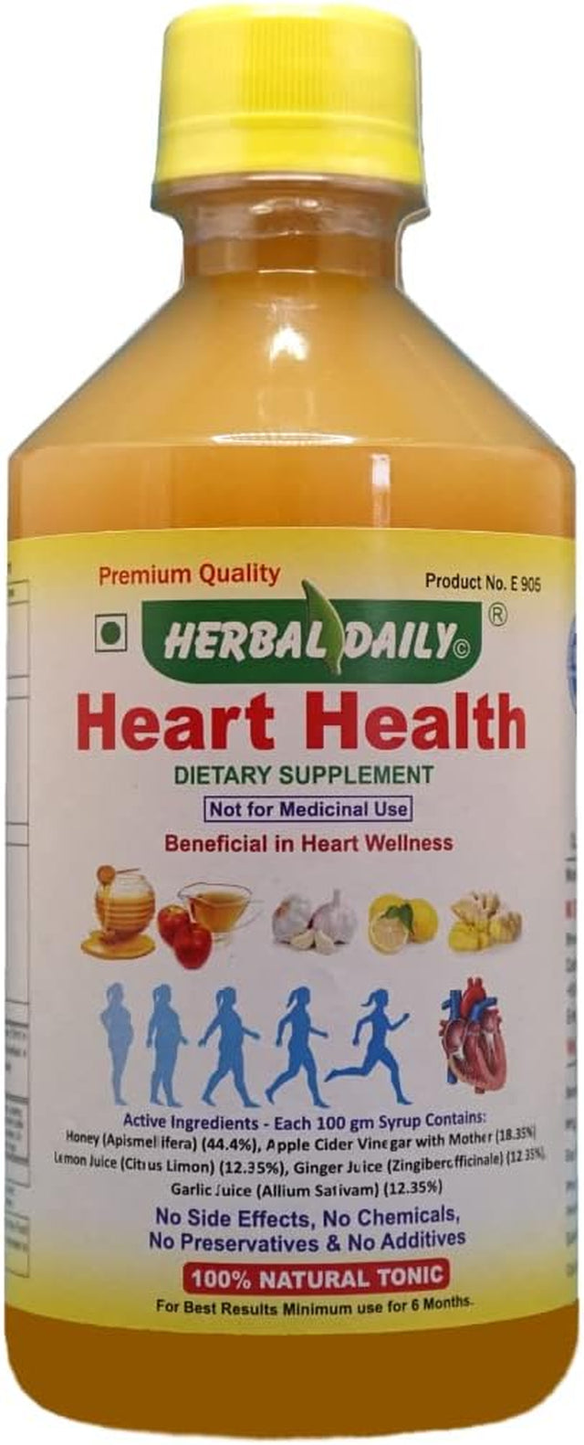 Heart Health 400 Ml Dietary Supplement - Supports Heart Wellness and Lowers Cholesterol - Apple Cider Vinegar (ACV), Garlic Juice, Ginger, Lemon, and Honey - 1 Bottle