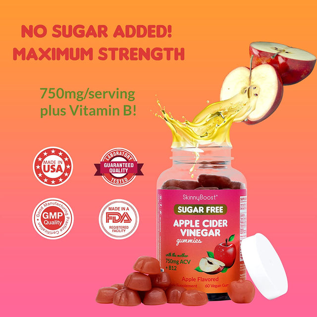 Skinnyboost Sugar Free Apple Cider Vinegar Gummies for Natural Weight Loss, Detox & Immune Support. Made W/The Mother & Vitamin B - NO SUGARS - 750 MG- Made in the Usa-Vegan