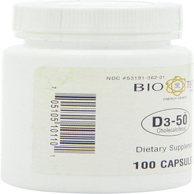 Bio-Tech Pharmacal D3-50 50,000 IU, 100 Capsules – All-Natural Supplement – Supports Bone, Cardiovascular, Neuromuscular, & Immune Health – No Dairy, Fish, Gluten, Peanut, Shellfish, & Soy