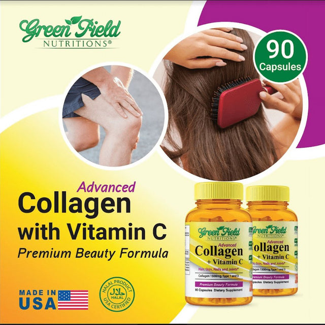 Greenfield Nutritions - Halal Collagen 1500 Mg with Halal Vitamin C, Hair, Skin, Nails, & Joints 90 Capsules