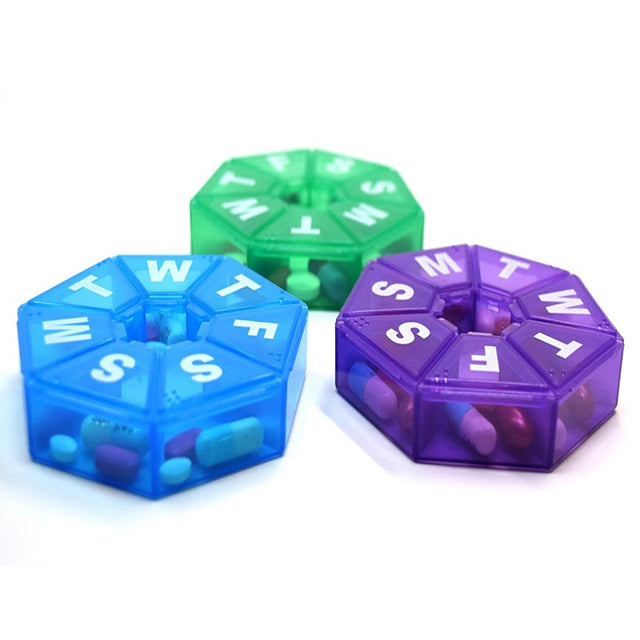 Weekly 7 Sided Pill Organizer, Blue, Green, Purple. Small Pill Box, 3 Pack