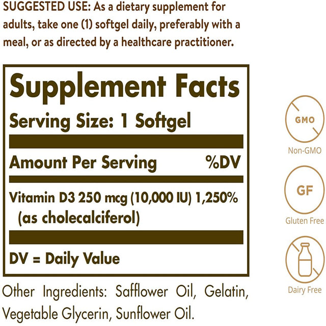 Solgar Vitamin D3 Cholecalciferol 10000 IU, 120 Softgels-3 Pack