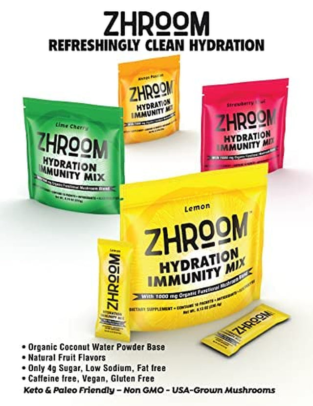 ZHROOM Hydration Immunity Mix Strawberry Kiwi- |Antioxidant&Electrolyte Supplement Drink Mix Powder with 1000Mg Organic Functional Mushroom Blend|Refreshing&Thirst Quenching Immune Support(Pack of 16)