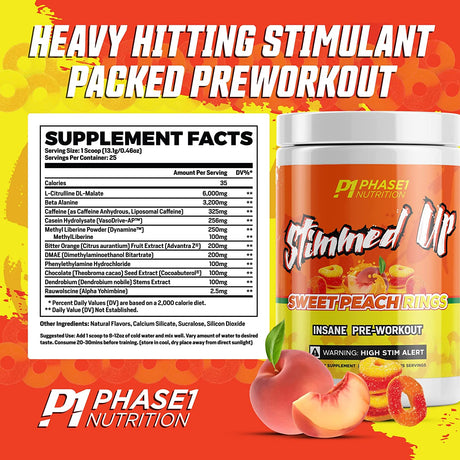 Stimmed up Insane Pre Workout 325Mg Caffeine for Hyper Focus, Energy Boost, and Extreme Pumps- High Stim Preworkout with Beta Alanine, Caffeine with No Artificial Flavor (Sweet Peach Rings)