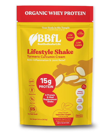 Best Bodies for Life - Meal Replacement Powder with a Shot of Apple Cider Vinegar - 15G Organic Grass Fed Whey Protein Lifestyle Shake - 15 Servings, Turmeric Curcumin Cream