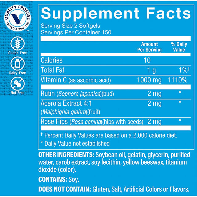 The Vitamin Shoppe Vitamin C 1,000MG, Easy to Swallow, Antioxidant That Supports Immune and Cardiovascular Health (300 Softgels)