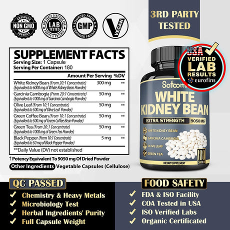 Premium 6 in 1 White Kidney Bean Extract Capsules - 6 Month Supply - Equivalent to 9050Mg - Extra Blend with Olive Leaf, Green Coffee Bean & Green Tea - Support Carb Scale down - 1 Pack 180 Count