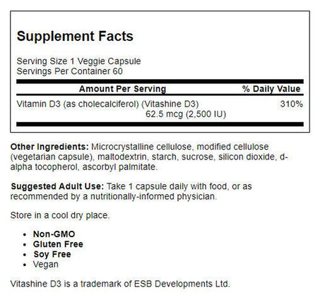 Doctor'S Best Vitamin D3 2500IU with Vitashine D3, Non-Gmo, Vegan, Gluten Free, Soy Free, Regulates Immune Function, Supports Healthy Bones, 60 Veggie Caps