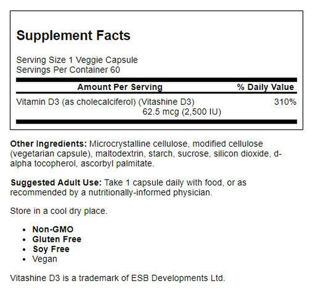 Doctor'S Best Vitamin D3 2500IU with Vitashine D3, Non-Gmo, Vegan, Gluten Free, Soy Free, Regulates Immune Function, Supports Healthy Bones, 60 Veggie Caps