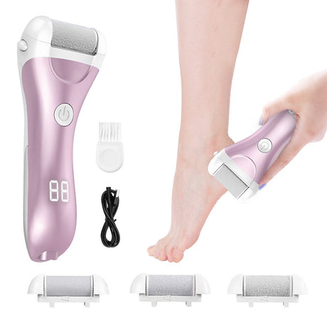 Electric Callus Remover - Rechargeable Foot File Callus Shaver Hard Skin Remover Pedicure Tools with 3 Roller Heads, for Cracked Heels Calluses and Dead Skin, 2 Speed, Battery Display (Pink)