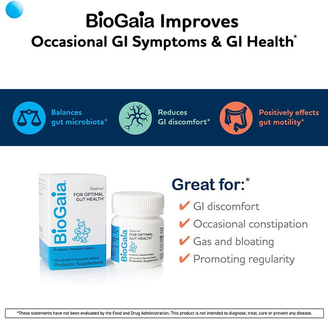 Biogaia Gastrus Chewable Tablets, Adult Probiotic Supplement for Stomach Discomfort, Constipation, Gas, Bloating, Regularity, Non-Gmo, 30 Tablets, 2 Pack