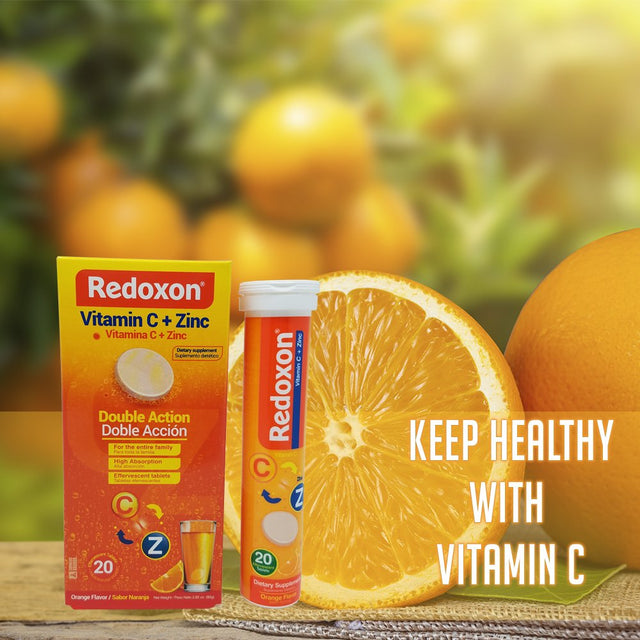 Redoxon Vitamin C with Zinc. Effervescent Dietary Supplement. Helps Your Immune System. Good against Colds and Flu. Orange Flavored. 20 Tablets. 2.82 Oz / 80 Gr. Pack of 3