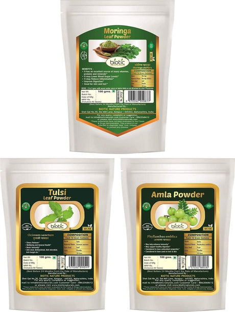 Biotic Moringa Leaf Powder, Tulsi Powder and Amla Powder - Combo 100G Each (300 GMS)