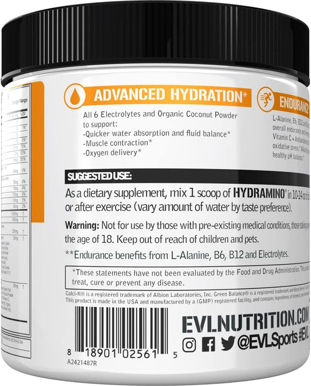 Evlution Nutrition HYDRAMINO Complete Hydration Multiplier, All 6 Electrolytes, Vitamin C & B, Fluid Boosting Aminos, Coconut Water, Endurance, Recovery, Antioxidants, 30 Serve, Orange Mango