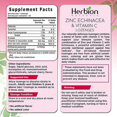 Herbion Naturals Zinc, Echinacea & Vitamin C Lozenges with Cherry Flavor, 25 CT - Dietary Supplement for Adults & Children 5+ - Promotes Wellness for the Whole Family - (Pack of 5) (125 Lozenges