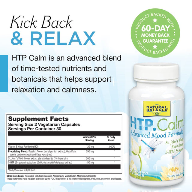 Natural Balance HTP Calm | Herbal Supplement Helps Support Mood, Relaxation & Stress | Vitamin B-6, Kava Kava & St. Johns Wort | 60 Caps