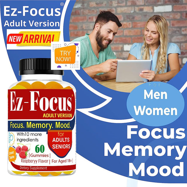 Ez-Focus Brain Booster Gummies for Adults & Seniors, Brain Focus Chewable, Focus, Memory, Mood Nootropics Brain Support 60 Count