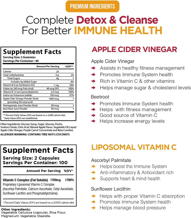 Ultimate Immune Boost Bundle - Liposomal Vitamin C & Apple Cider Vinegar Gummies, Detox and Cleanse, Weight Loss Support ACV with Mother, Stomach Friendly, High Absorb Potency Ascorbyl Palmitate
