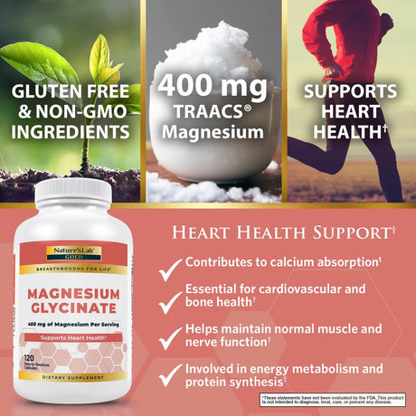 Nature’S Lab Gold Magnesium Glycinate 400Mg - 120 Capsules (30 Day Supply) - Supports Cardiovascular Health, Muscle & Nerve Function*