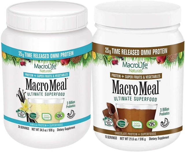 Macromeal Omni Superfood Powder to the People Bundle - Time-Release Protein Blend, Greens, Digestive Enzymes, Fiber, Energy, 1 Chocolate X 18.5Oz (15 Servings) + 1 Vanilla X 18.5Oz (15 Servings)