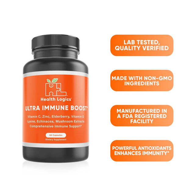 Ultra Immune Boost Capsules with Vitamin C, Zinc, Elderberry, Vitamin D, Lysine, Echinacea, and Mushroom Extracts for Immune Support- Powerful Antioxidants -60 Veggie Caps