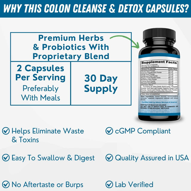 Premium Colon Cleanse & Detox Capsules by SHIFAA NUTRITION | 2X15 Days Detox Pills | Probiotics | Fennel Seed, Cascara Sagrada, Ginger Root | Weight Management | Halal Vitamins | 30 Servings