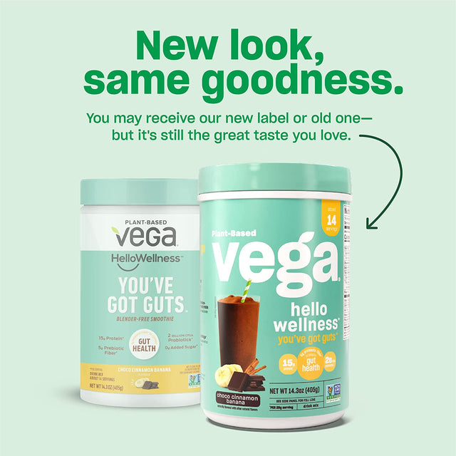 Vega Hello Wellness You’Ve Got Guts Blender Free Smoothie, Choco Cinnamon Banana - Plant Based Vegan Protein Powder, 5G Prebiotic Fiber, 0G Added Sugar, 14.3 Oz (Packaging May Vary)