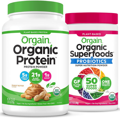 Orgain Organic Vegan Protein Powder (Peanut Butter) and Orgain Organic Greens Powder (Berry) - Plant Based Protein and Superfoods