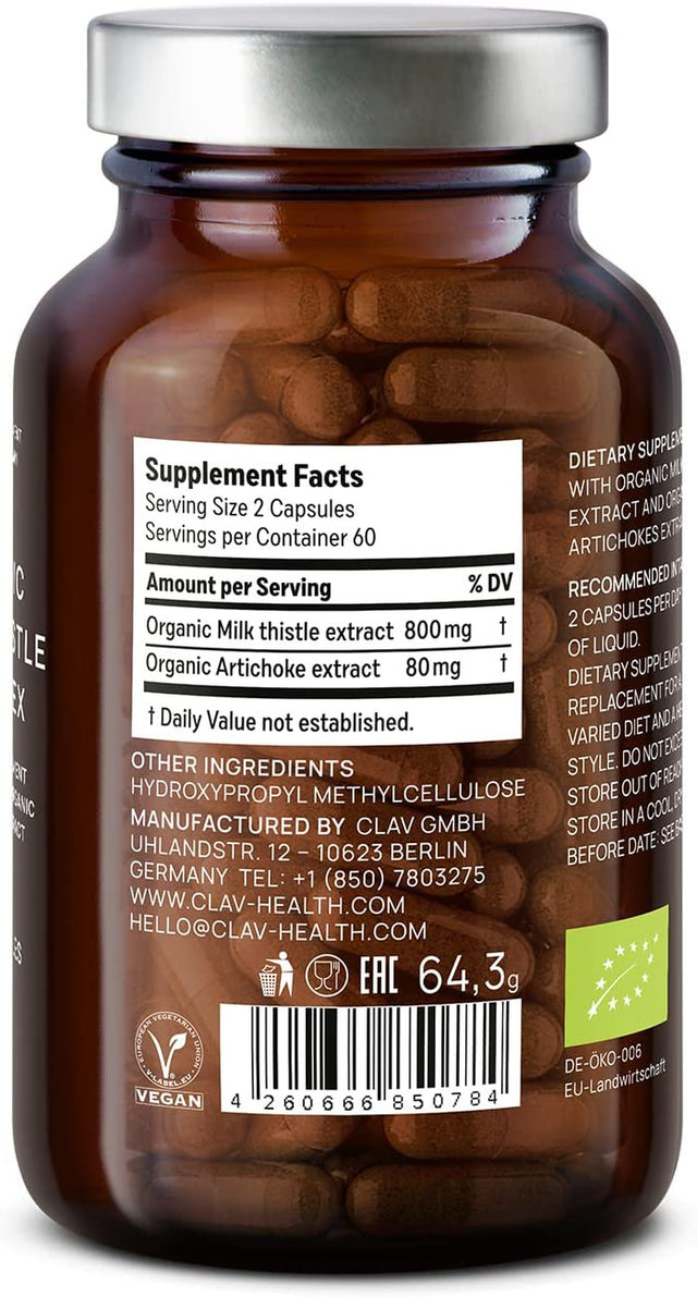 Organic Milk Thistle & Artichoke Extract Complex High Dose - Rich in Silymarin & Bitters - Liver Support + Detox Supplement - 120 Capsules =60 Days Supply - Vegan Certified - Non-Gmo - Made in Germany