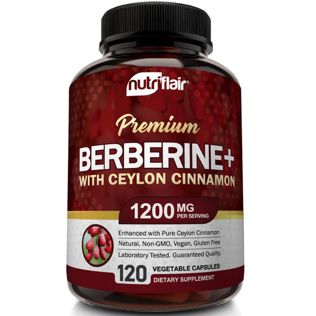 Nutriflair Premium Berberine HCL 1200Mg, 120 Capsules - plus Pure True Ceylon Cinnamon, Berberine HCI Root Supplements Pills - Supports Glucose Metabolism, Immune System, Healthy Weight Management