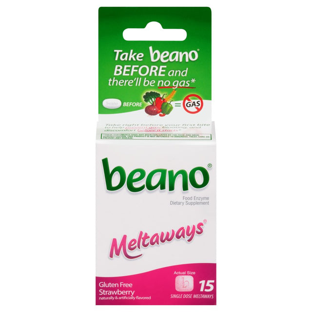 Beano Meltaways, Gas Prevention & Digestive Enzyme Supplement, Strawberry Flavor, 15 Count