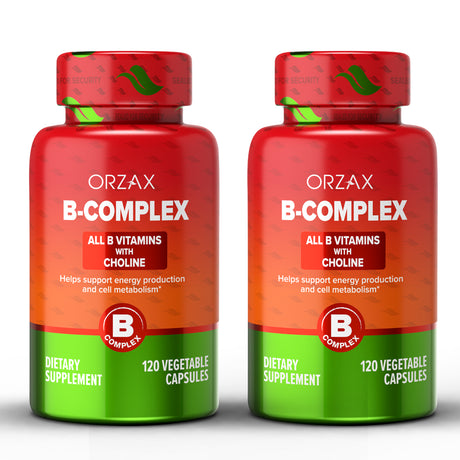 ORZAX Vitamin B Complex with Pack of 2 - Supplements for Women & Men with Choline, Inositol - Balanced Energy Metabolism - Immune & Nerve Health (120 Veg Capsules)