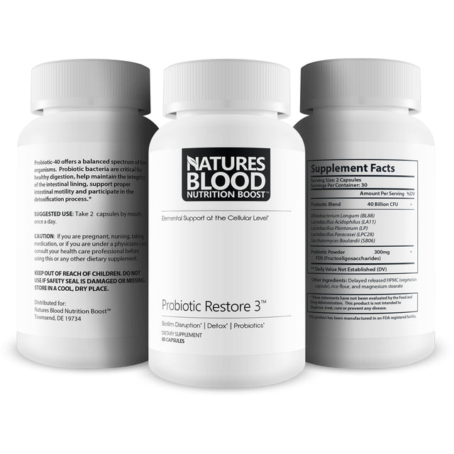 Probiotic Restore 3 - Elemental Support at the Cellular Level - 40 Billion CFU Probiotic Extra Strength Formula - Probiotic Restore 3 for Gut Health - Overall Health Starts in the Gut - Probiotics