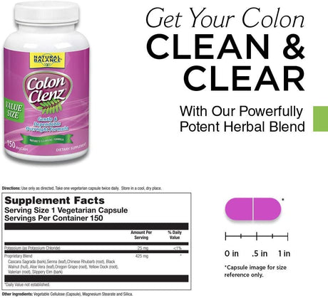 Natural Balance Colon Clenz | Herbal Colon Cleanse & Detox Supplement | Gentle & Dependable Overnight Formula (150 CT)