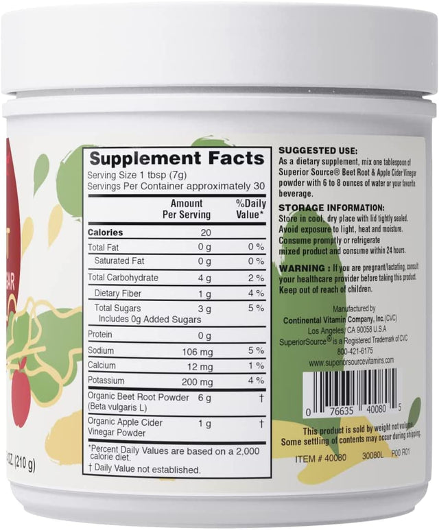 Superior Source Organic Beet Root + Organic Apple Cider Vinegar Powder, 30 (7 G) Servings, Nitric Oxide Booster, Energy, May Support Heart Health, Immunity & Detox, Non-Gmo