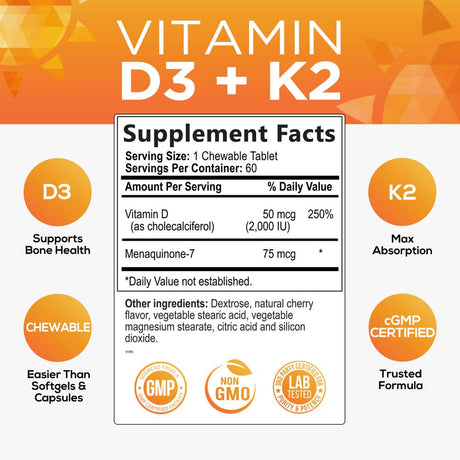 Vitamin D3 K2 as MK-7 with 2000Iu of D3 & 75Mcg K2, Vitamin K2 D3 Bone Strength Supplements Support Calcium Absorbtion for Teeth & Bone Health + Muscle & Immune Health Support - 60 Chewable Tablets