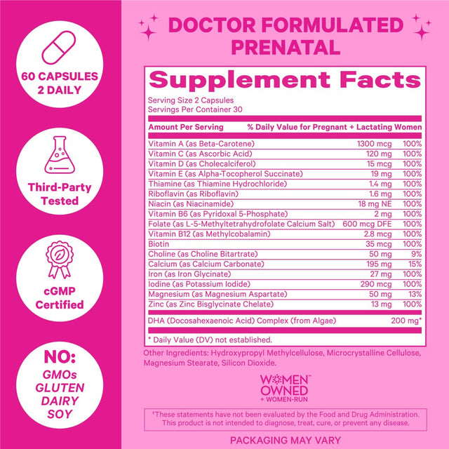 Pink Stork Total Prenatal Vitamins for Women with DHA, Folate, Iron and More, 60 Capsules