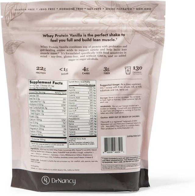 Whey Protein Vanilla by Dr. Nancy MD (14 Servings, 31.5G) 22G Whey Protein, Bcaa’S, with Added L-Glutamine & Probiotics