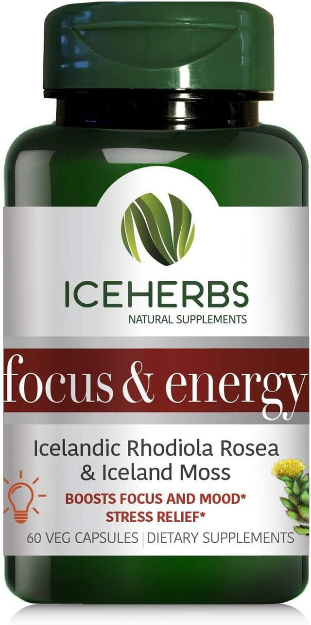 Focus & Energy – Pure Icelandic Rhodiola Rosea & Iceland Moss Supplement / 60 Vegan Capsules – Boosts Focus and Mood, Stress Relief – Improves Energy - Powerful & Natural Blend